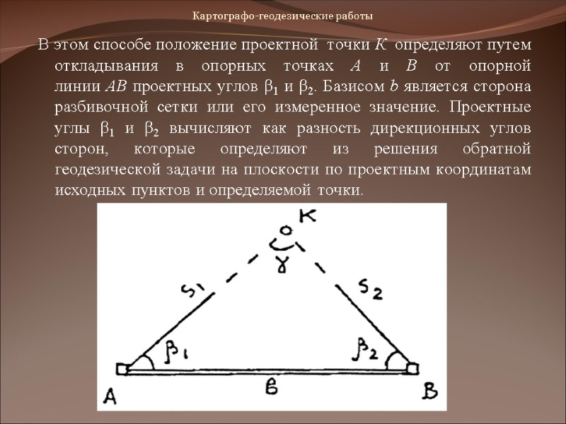 Картографо-геодезические работы В этом способе положение проектной точки К определяют путем Картографо-геодезические работы В этом способе положение проектной точки К определяют путем
